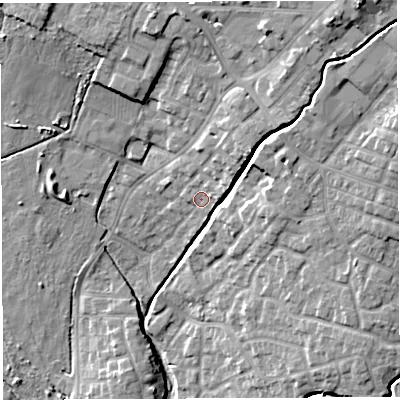 Shaded relief map of the ground around WN23NY, computed from Environment Agency LiDAR. The ground here sits at about 37 m above sea level and falls 18 m across the surrounding 800 m. Surface water reaching this point runs off ground lying to the north-east, 5.4 m higher.