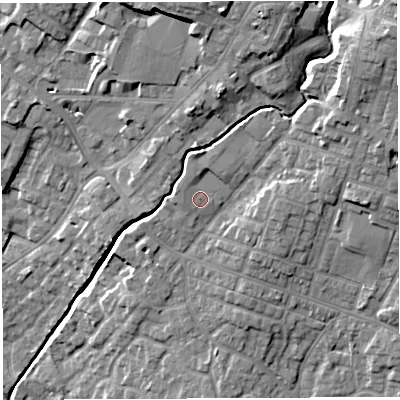 Shaded relief map of the ground around WN23PA, computed from Environment Agency LiDAR. The ground here sits at about 43 m above sea level and falls 23 m across the surrounding 800 m. Surface water reaching this point runs off ground lying to the north-west, 0.7 m higher.