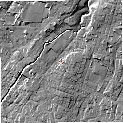 Shaded relief map of the ground around WN23PD, computed from Environment Agency LiDAR. The ground here sits at about 43 m above sea level and falls 24 m across the surrounding 800 m. Surface water reaching this point runs off ground lying to the east-north-east, 3.6 m higher.