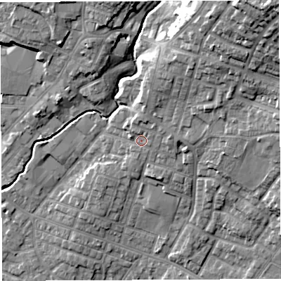 Shaded relief map of the ground around WN23PF, computed from Environment Agency LiDAR. The ground here sits at about 47 m above sea level and falls 27 m across the surrounding 800 m. Surface water reaching this point runs off ground lying to the north-north-east, 7.9 m higher.