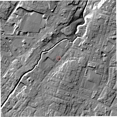 Shaded relief map of the ground around WN23RA, computed from Environment Agency LiDAR. The ground here sits at about 44 m above sea level and falls 26 m across the surrounding 800 m. Surface water reaching this point runs off ground lying to the north-east, 11.5 m higher.