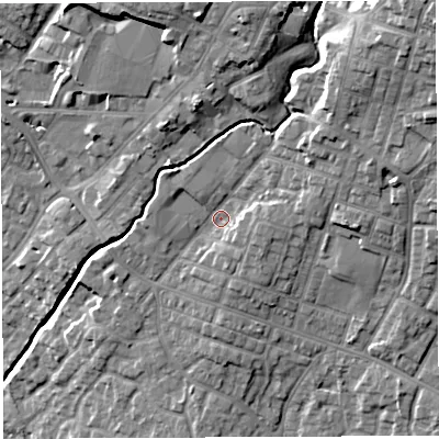 Shaded relief map of the ground around WN23RB, computed from Environment Agency LiDAR. The ground here sits at about 43 m above sea level and falls 24 m across the surrounding 800 m. Surface water reaching this point runs off ground lying to the north-east, 12.0 m higher.