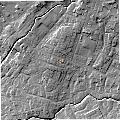 Shaded relief map of the ground around WN23RN, computed from Environment Agency LiDAR. The ground here sits at about 43 m above sea level and falls 19 m across the surrounding 800 m. Surface water reaching this point runs off ground lying to the north-north-west, 1.8 m higher.