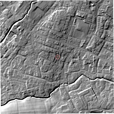 Shaded relief map of the ground around WN23RS, computed from Environment Agency LiDAR. The ground here sits at about 41 m above sea level and falls 20 m across the surrounding 800 m. Surface water reaching this point runs off ground lying to the north-west, 2.4 m higher.