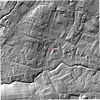Shaded relief map of the ground around WN23RU, computed from Environment Agency LiDAR. The ground here sits at about 40 m above sea level and falls 18 m across the surrounding 800 m. Surface water reaching this point runs off ground lying to the north-east, 12.6 m higher.