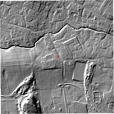 Shaded relief map of the ground around WN23RX, computed from Environment Agency LiDAR. The ground here sits at about 43 m above sea level and falls 15 m across the surrounding 800 m. Surface water reaching this point runs off ground lying to the east-north-east, 2.4 m higher.