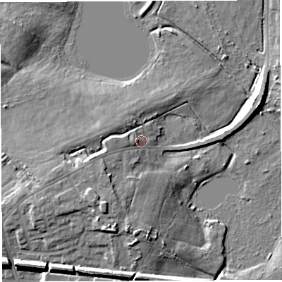 Shaded relief map of the ground around WN23UD, computed from Environment Agency LiDAR. The ground here sits at about 35 m above sea level and falls 12 m across the surrounding 800 m. Surface water reaching this point runs off ground lying to the west-south-west, 5.8 m higher.