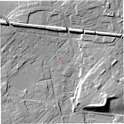 Shaded relief map of the ground around WN23UL, computed from Environment Agency LiDAR. The ground here sits at about 29 m above sea level and falls 19 m across the surrounding 800 m. Surface water reaching this point runs off ground lying to the north-north-west, 10.9 m higher.