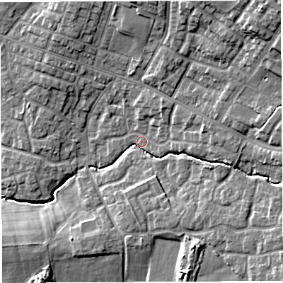Shaded relief map of the ground around WN23XB, computed from Environment Agency LiDAR. The ground here sits at about 41 m above sea level and falls 17 m across the surrounding 800 m. Surface water reaching this point runs off ground lying to the south-east, 7.2 m higher.