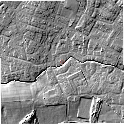 Shaded relief map of the ground around WN23XL, computed from Environment Agency LiDAR. The ground here sits at about 40 m above sea level and falls 16 m across the surrounding 800 m. Surface water reaching this point runs off ground lying to the east-south-east, 7.4 m higher.