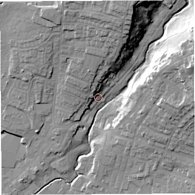 Shaded relief map of the ground around WN24EG, computed from Environment Agency LiDAR. The ground here sits at about 50 m above sea level and falls 32 m across the surrounding 800 m. Surface water reaching this point runs off ground lying to the north-north-east, 17.8 m higher.
