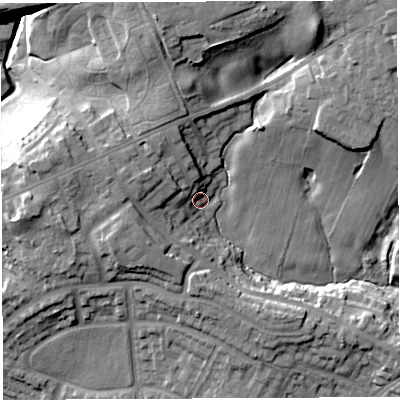 Shaded relief map of the ground around WN24EL, computed from Environment Agency LiDAR. The ground here sits at about 63 m above sea level and falls 28 m across the surrounding 800 m. Surface water reaching this point runs off ground lying to the west, 12.5 m higher.