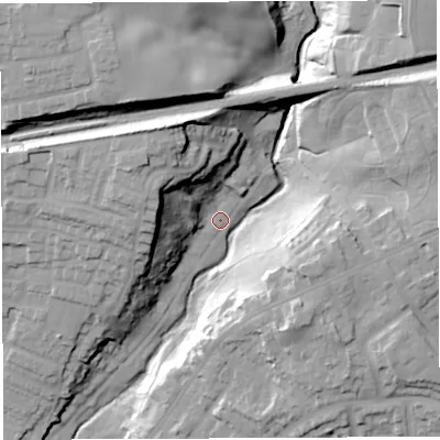 Shaded relief map of the ground around WN24EQ, computed from Environment Agency LiDAR. The ground here sits at about 53 m above sea level and falls 33 m across the surrounding 800 m. Surface water reaching this point runs off ground lying to the west-north-west, 21.9 m higher.