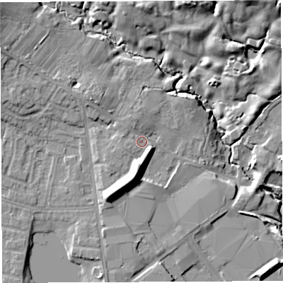 Shaded relief map of the ground around WN24ET, computed from Environment Agency LiDAR. The ground here sits at about 49 m above sea level and falls 24 m across the surrounding 800 m. Surface water reaching this point runs off ground lying to the south, 8.2 m higher.