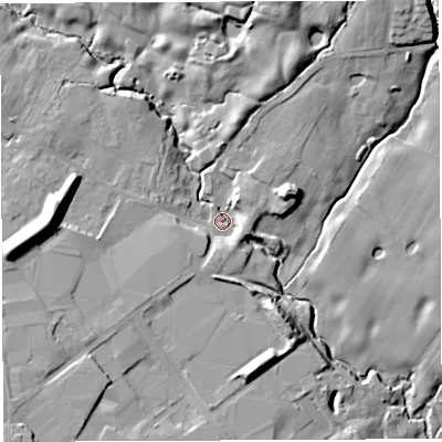 Shaded relief map of the ground around WN24EX, computed from Environment Agency LiDAR. The ground here sits at about 44 m above sea level and falls 23 m across the surrounding 800 m. Surface water reaching this point runs off ground lying to the east-north-east, 12.5 m higher.