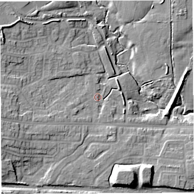 Shaded relief map of the ground around WN24TD, computed from Environment Agency LiDAR. The ground here sits at about 42 m above sea level and falls 16 m across the surrounding 800 m. Surface water reaching this point runs off ground lying to the west-south-west, 7.9 m higher.