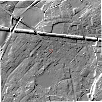 Shaded relief map of the ground around WN25AE, computed from Environment Agency LiDAR. The ground here sits at about 32 m above sea level and falls 17 m across the surrounding 800 m. Surface water reaching this point runs off ground lying to the north-north-west, 9.4 m higher.