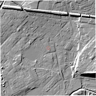 Shaded relief map of the ground around WN25AG, computed from Environment Agency LiDAR. The ground here sits at about 28 m above sea level and falls 17 m across the surrounding 800 m. Surface water reaching this point runs off ground lying to the north-west, 2.9 m higher.