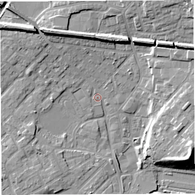 Shaded relief map of the ground around WN25AH, computed from Environment Agency LiDAR. The ground here sits at about 28 m above sea level and falls 19 m across the surrounding 800 m. Surface water reaching this point runs off ground lying to the north-west, 11.9 m higher.