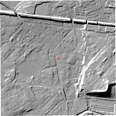 Shaded relief map of the ground around WN25AL, computed from Environment Agency LiDAR. The ground here sits at about 29 m above sea level and falls 18 m across the surrounding 800 m. Surface water reaching this point runs off ground lying to the north-west, 12.6 m higher.