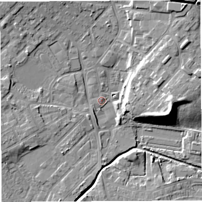 Shaded relief map of the ground around WN25AN, computed from Environment Agency LiDAR. The ground here sits at about 27 m above sea level and falls 17 m across the surrounding 800 m. Surface water reaching this point runs off ground lying to the south-west, 5.5 m higher.