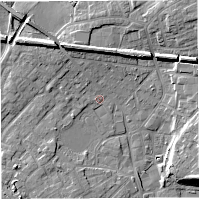 Shaded relief map of the ground around WN25AQ, computed from Environment Agency LiDAR. The ground here sits at about 29 m above sea level and falls 17 m across the surrounding 800 m. Surface water reaching this point runs off ground lying to the north-north-west, 11.2 m higher.