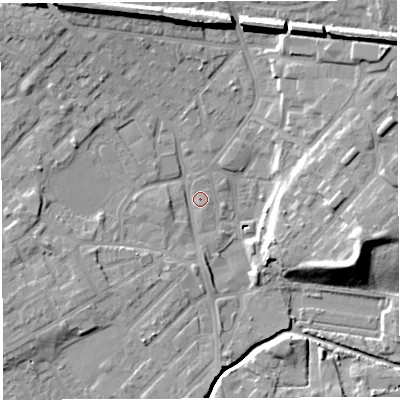 Shaded relief map of the ground around WN25AT, computed from Environment Agency LiDAR. The ground here sits at about 27 m above sea level and falls 17 m across the surrounding 800 m. Surface water reaching this point runs off ground lying to the north-north-west, 13.3 m higher.