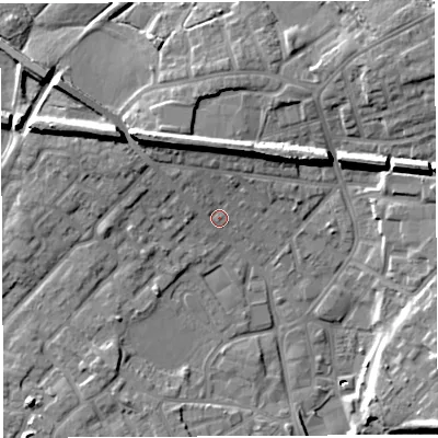 Shaded relief map of the ground around WN25AW, computed from Environment Agency LiDAR. The ground here sits at about 31 m above sea level and falls 17 m across the surrounding 800 m. Surface water reaching this point runs off ground lying to the north-north-west, 3.3 m higher.