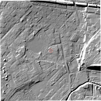 Shaded relief map of the ground around WN25AX, computed from Environment Agency LiDAR. The ground here sits at about 29 m above sea level and falls 16 m across the surrounding 800 m. Surface water reaching this point runs off ground lying to the north-west, 0.6 m higher.