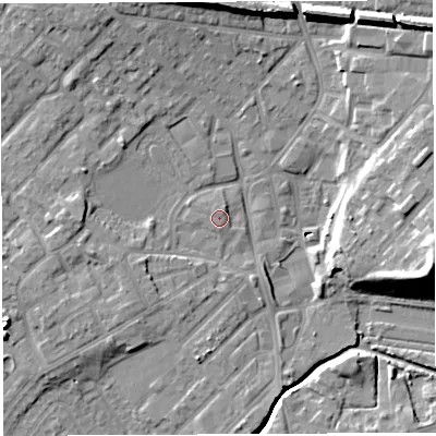 Shaded relief map of the ground around WN25AZ, computed from Environment Agency LiDAR. The ground here sits at about 29 m above sea level and falls 17 m across the surrounding 800 m. Surface water reaching this point runs off ground lying to the west, 1.5 m higher.