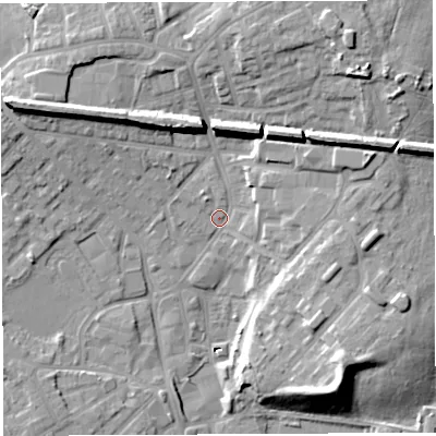 Shaded relief map of the ground around WN25BB, computed from Environment Agency LiDAR. The ground here sits at about 30 m above sea level and falls 19 m across the surrounding 800 m. Surface water reaching this point runs off ground lying to the north-east, 12.6 m higher.
