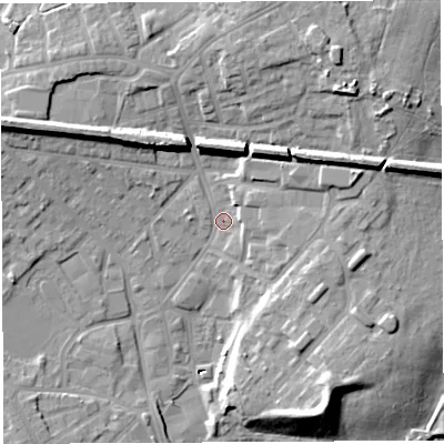 Shaded relief map of the ground around WN25BD, computed from Environment Agency LiDAR. The ground here sits at about 31 m above sea level and falls 19 m across the surrounding 800 m. Surface water reaching this point runs off ground lying to the north-north-east, 11.6 m higher.