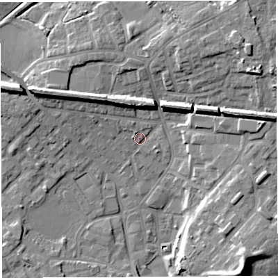 Shaded relief map of the ground around WN25BJ, computed from Environment Agency LiDAR. The ground here sits at about 31 m above sea level and falls 19 m across the surrounding 800 m. Surface water reaching this point runs off ground lying to the north-west, 9.4 m higher.