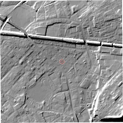 Shaded relief map of the ground around WN25BP, computed from Environment Agency LiDAR. The ground here sits at about 30 m above sea level and falls 18 m across the surrounding 800 m. Surface water reaching this point runs off ground lying to the north-west, 9.8 m higher.