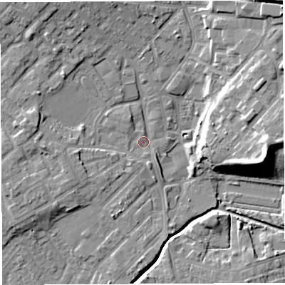 Shaded relief map of the ground around WN25DA, computed from Environment Agency LiDAR. The ground here sits at about 28 m above sea level and falls 17 m across the surrounding 800 m. Surface water reaching this point runs off ground lying to the west, 4.4 m higher.