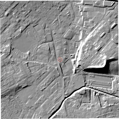 Shaded relief map of the ground around WN25DB, computed from Environment Agency LiDAR. The ground here sits at about 27 m above sea level and falls 17 m across the surrounding 800 m. Surface water reaching this point runs off ground lying to the south-west, 3.8 m higher.
