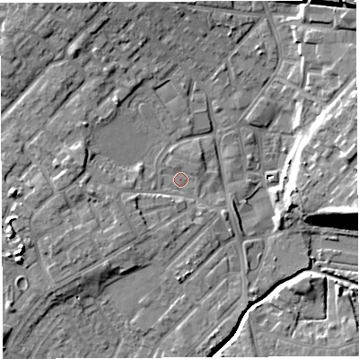 Shaded relief map of the ground around WN25DD, computed from Environment Agency LiDAR. The ground here sits at about 29 m above sea level and falls 16 m across the surrounding 800 m. Surface water reaching this point runs off ground lying to the west, 4.2 m higher.
