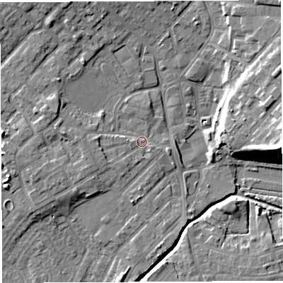 Shaded relief map of the ground around WN25DE, computed from Environment Agency LiDAR. The ground here sits at about 29 m above sea level and falls 16 m across the surrounding 800 m. Surface water reaching this point runs off ground lying to the west-north-west, 4.2 m higher.