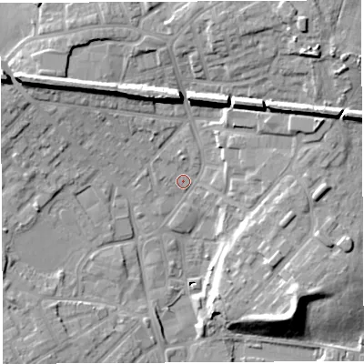 Shaded relief map of the ground around WN25EB, computed from Environment Agency LiDAR. The ground here sits at about 29 m above sea level and falls 19 m across the surrounding 800 m. Surface water reaching this point runs off ground lying to the north-east, 12.9 m higher.