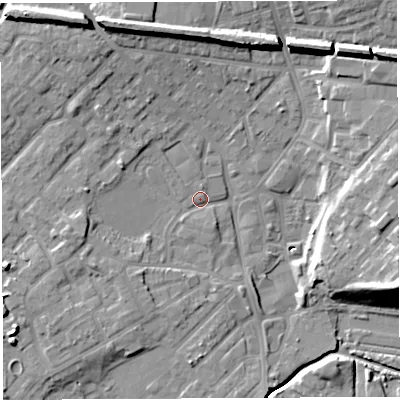 Shaded relief map of the ground around WN25FD, computed from Environment Agency LiDAR. The ground here sits at about 28 m above sea level and falls 17 m across the surrounding 800 m. Surface water reaching this point runs off ground lying to the north-north-west, 11.7 m higher.