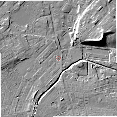 Shaded relief map of the ground around WN25JA, computed from Environment Agency LiDAR. The ground here sits at about 29 m above sea level and falls 17 m across the surrounding 800 m. Surface water reaching this point runs off ground lying to the south-south-west, 2.7 m higher.