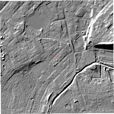 Shaded relief map of the ground around WN25JB, computed from Environment Agency LiDAR. The ground here sits at about 30 m above sea level and falls 16 m across the surrounding 800 m. Surface water reaching this point runs off ground lying to the south-south-west, 1.7 m higher.