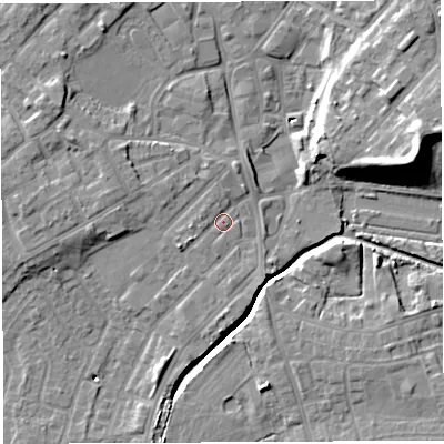 Shaded relief map of the ground around WN25JD, computed from Environment Agency LiDAR. The ground here sits at about 29 m above sea level and falls 17 m across the surrounding 800 m. Surface water reaching this point runs off ground lying to the west-south-west, 2.1 m higher.