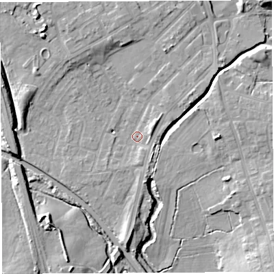 Shaded relief map of the ground around WN25JG, computed from Environment Agency LiDAR. The ground here sits at about 27 m above sea level and falls 12 m across the surrounding 800 m. Surface water reaching this point runs off ground lying to the north-east, 5.2 m higher.