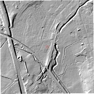 Shaded relief map of the ground around WN25JH, computed from Environment Agency LiDAR. The ground here sits at about 27 m above sea level and falls 13 m across the surrounding 800 m. Surface water reaching this point runs off ground lying to the north-east, 2.2 m higher.