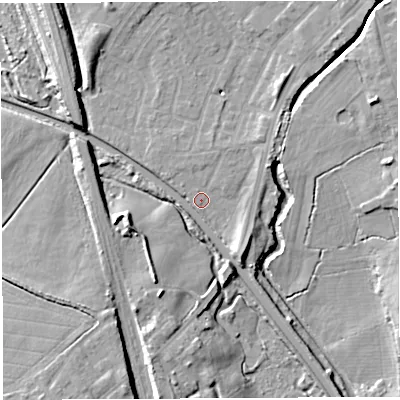 Shaded relief map of the ground around WN25JJ, computed from Environment Agency LiDAR. The ground here sits at about 26 m above sea level and falls 13 m across the surrounding 800 m. Surface water reaching this point runs off ground lying to the west-north-west, 5.7 m higher.