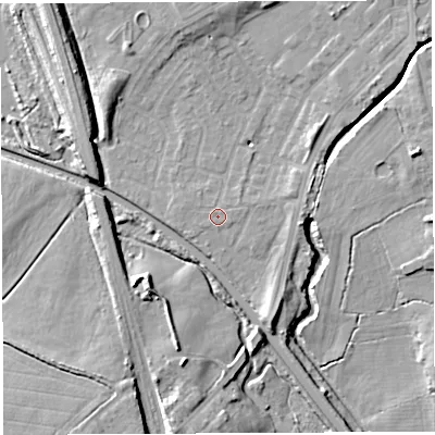 Shaded relief map of the ground around WN25JQ, computed from Environment Agency LiDAR. The ground here sits at about 27 m above sea level and falls 12 m across the surrounding 800 m. The ground contributing surface water to this point lies to the east-north-east.