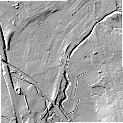 Shaded relief map of the ground around WN25LJ, computed from Environment Agency LiDAR. The ground here sits at about 28 m above sea level and falls 13 m across the surrounding 800 m. Surface water reaching this point runs off ground lying to the east-north-east, 1.4 m higher.