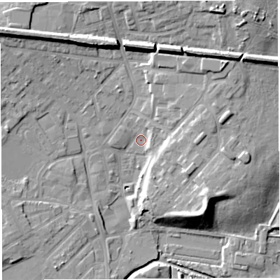 Shaded relief map of the ground around WN25LS, computed from Environment Agency LiDAR. The ground here sits at about 28 m above sea level and falls 18 m across the surrounding 800 m. Surface water reaching this point runs off ground lying to the north-east, 7.0 m higher.