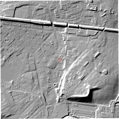 Shaded relief map of the ground around WN25LT, computed from Environment Agency LiDAR. The ground here sits at about 29 m above sea level and falls 18 m across the surrounding 800 m. Surface water reaching this point runs off ground lying to the east-north-east, 6.4 m higher.